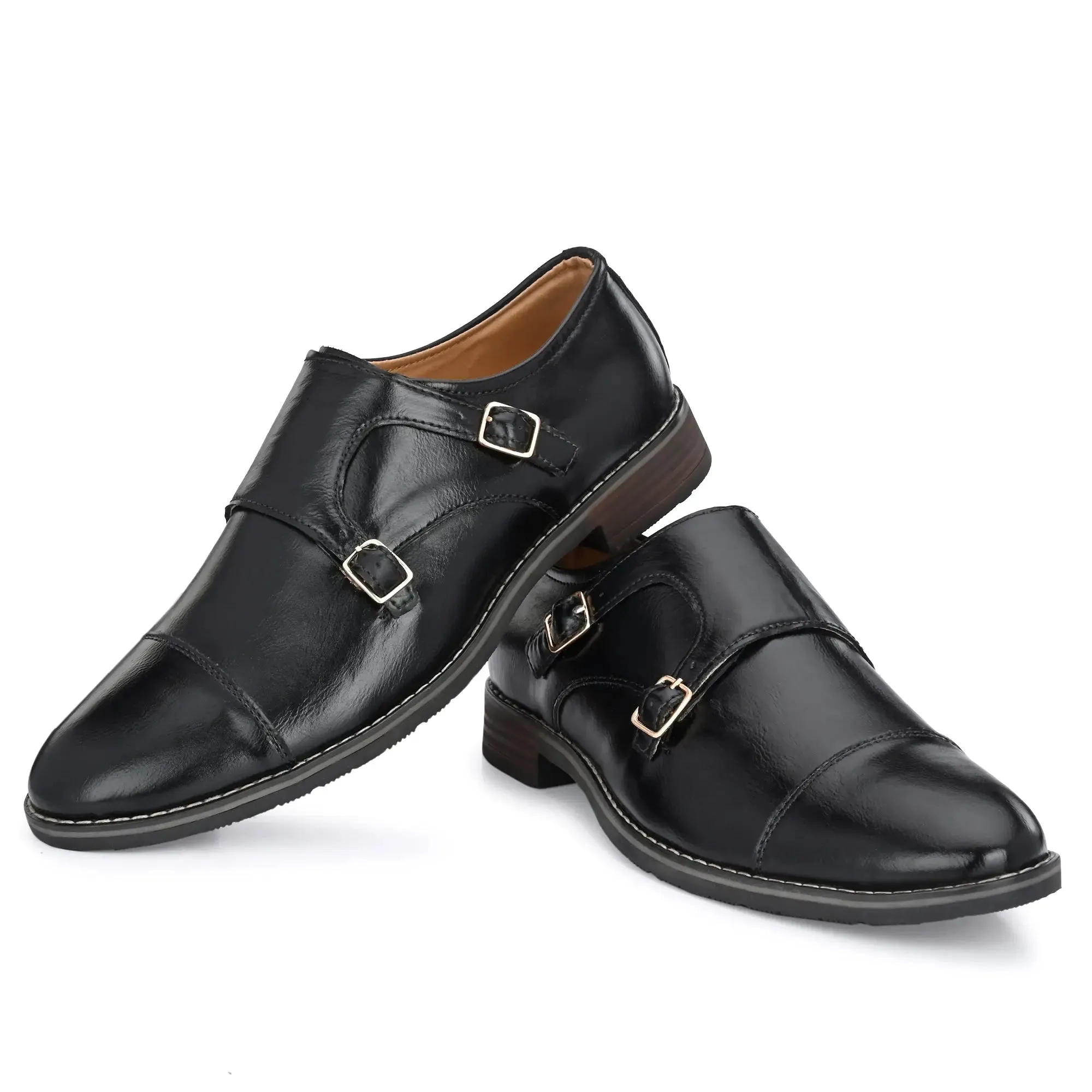 Attitudist Unisex Handcrafted Black Double Monk Strap Formal Shoes Loafer With Cap Toe