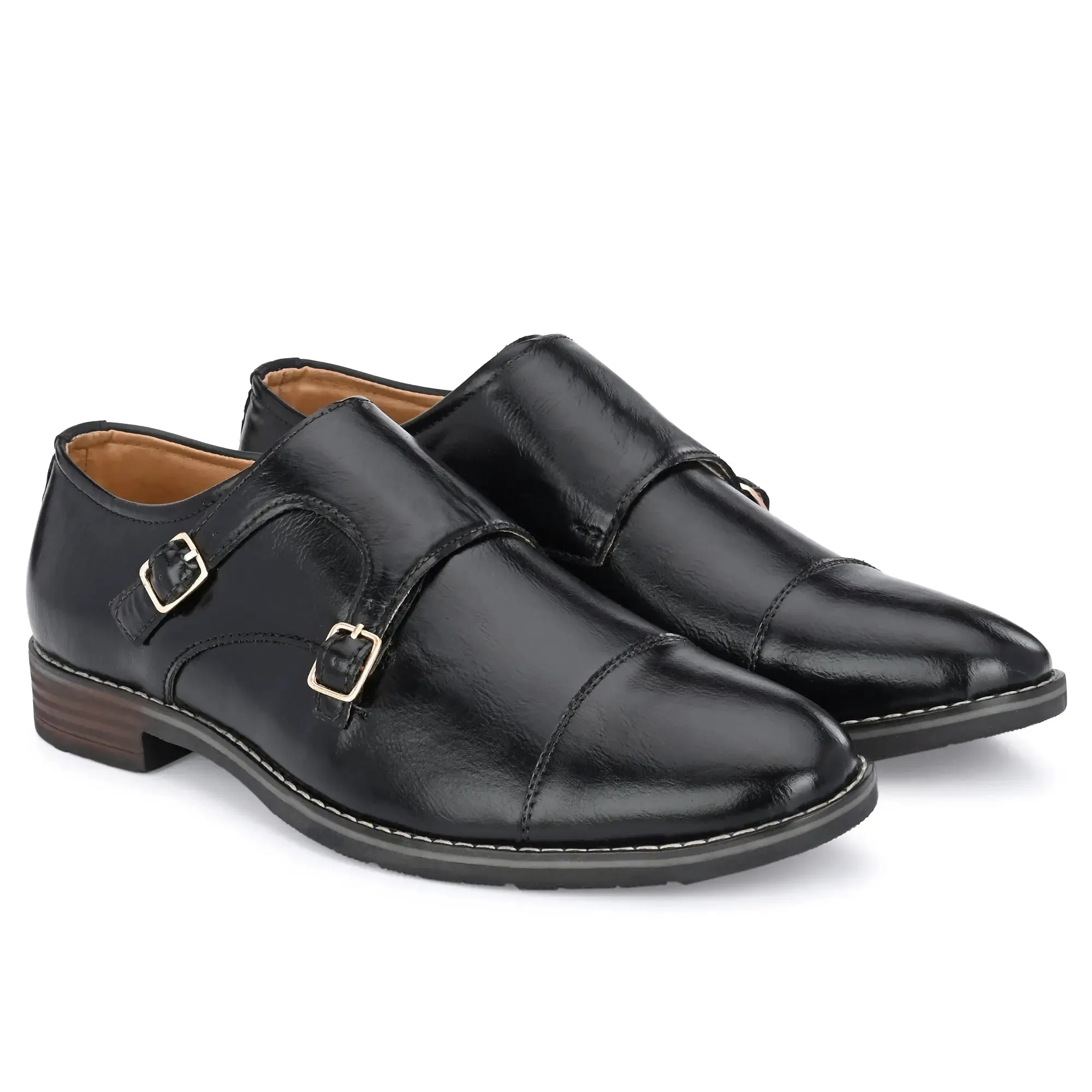 Attitudist Unisex Handcrafted Black Double Monk Strap Formal Shoes Loafer With Cap Toe