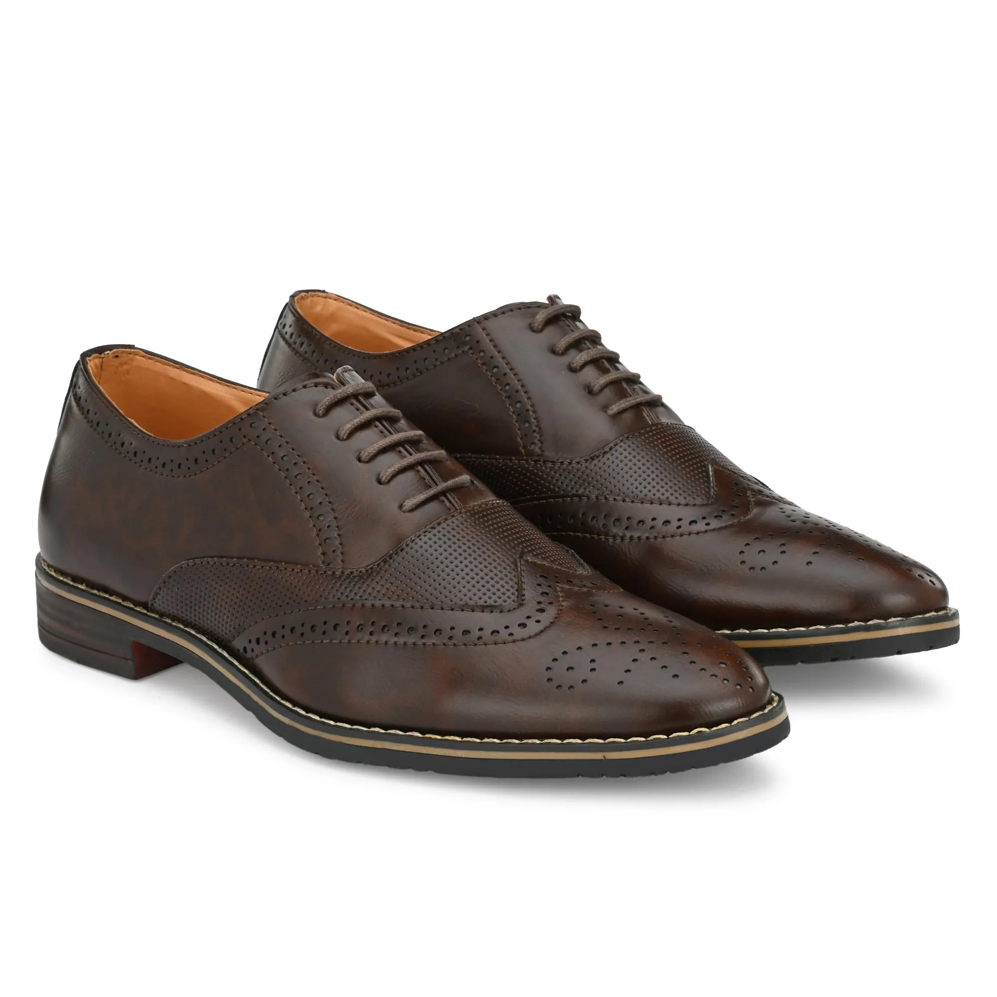 Attitudist Unisex Handcrafted Brown Formal Lace-up Derby Shoes Full Brouges With Wingtips