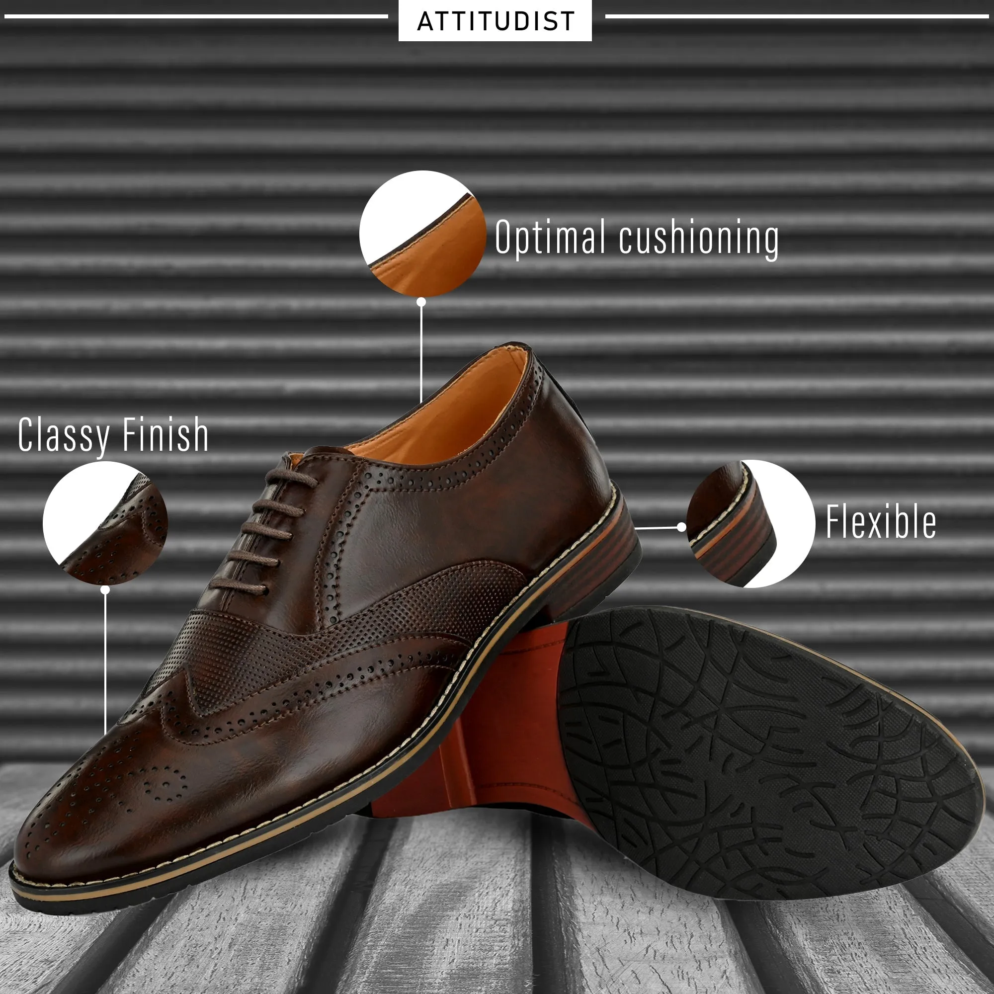 Attitudist Unisex Handcrafted Brown Formal Lace-up Derby Shoes Full Brouges With Wingtips