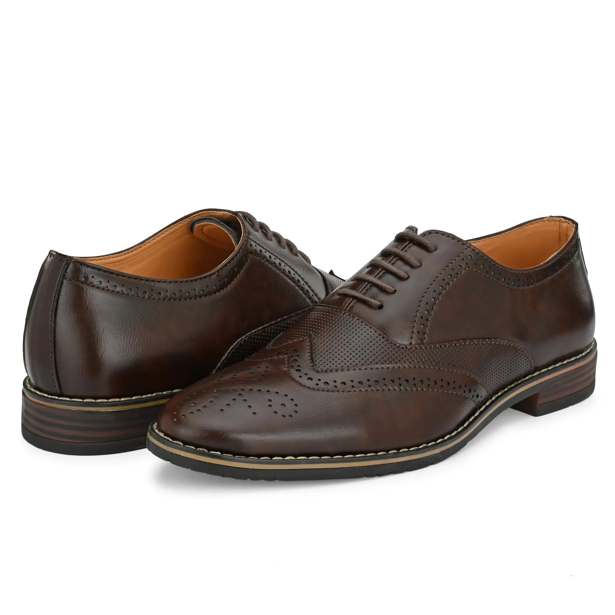 Attitudist Unisex Handcrafted Brown Formal Lace-up Derby Shoes Full Brouges With Wingtips