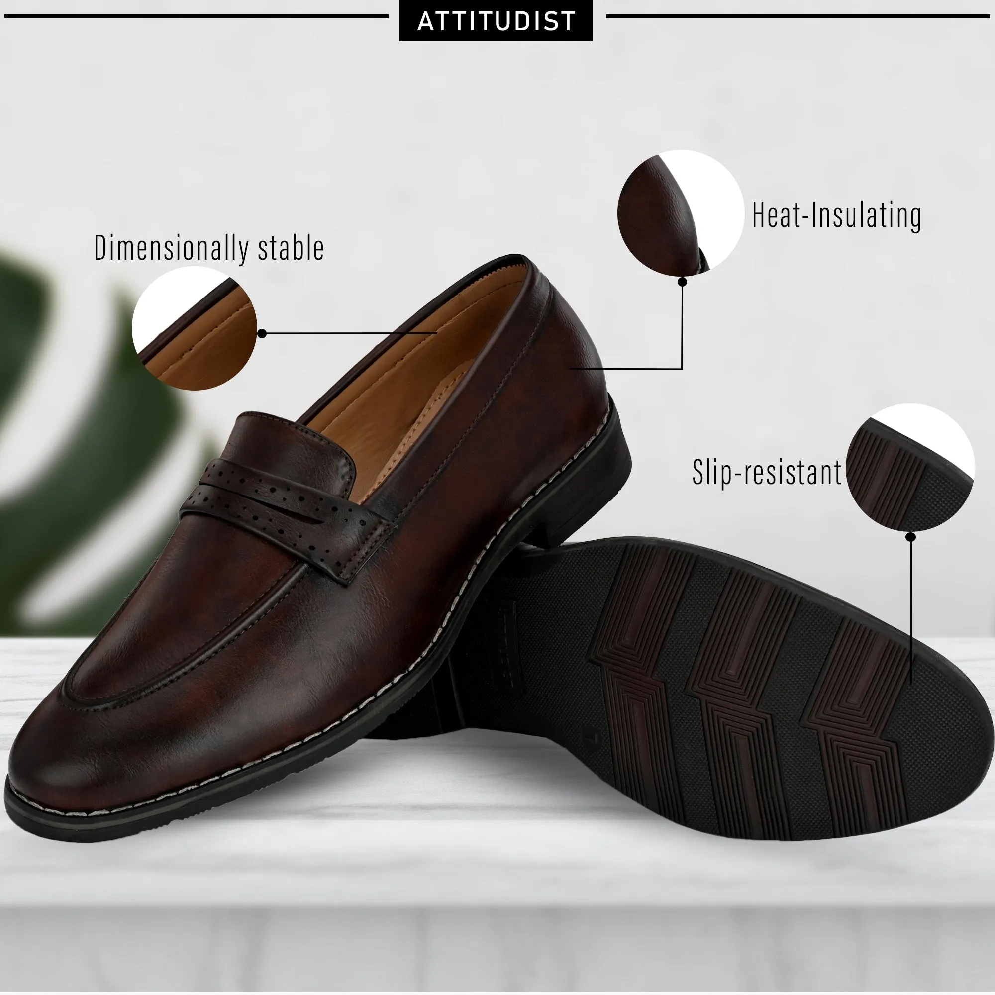 Attitudist Unisex Handcrafted Brown Plain Penny Slip On Round Toe Basket Loafer With Double Stitched Welts