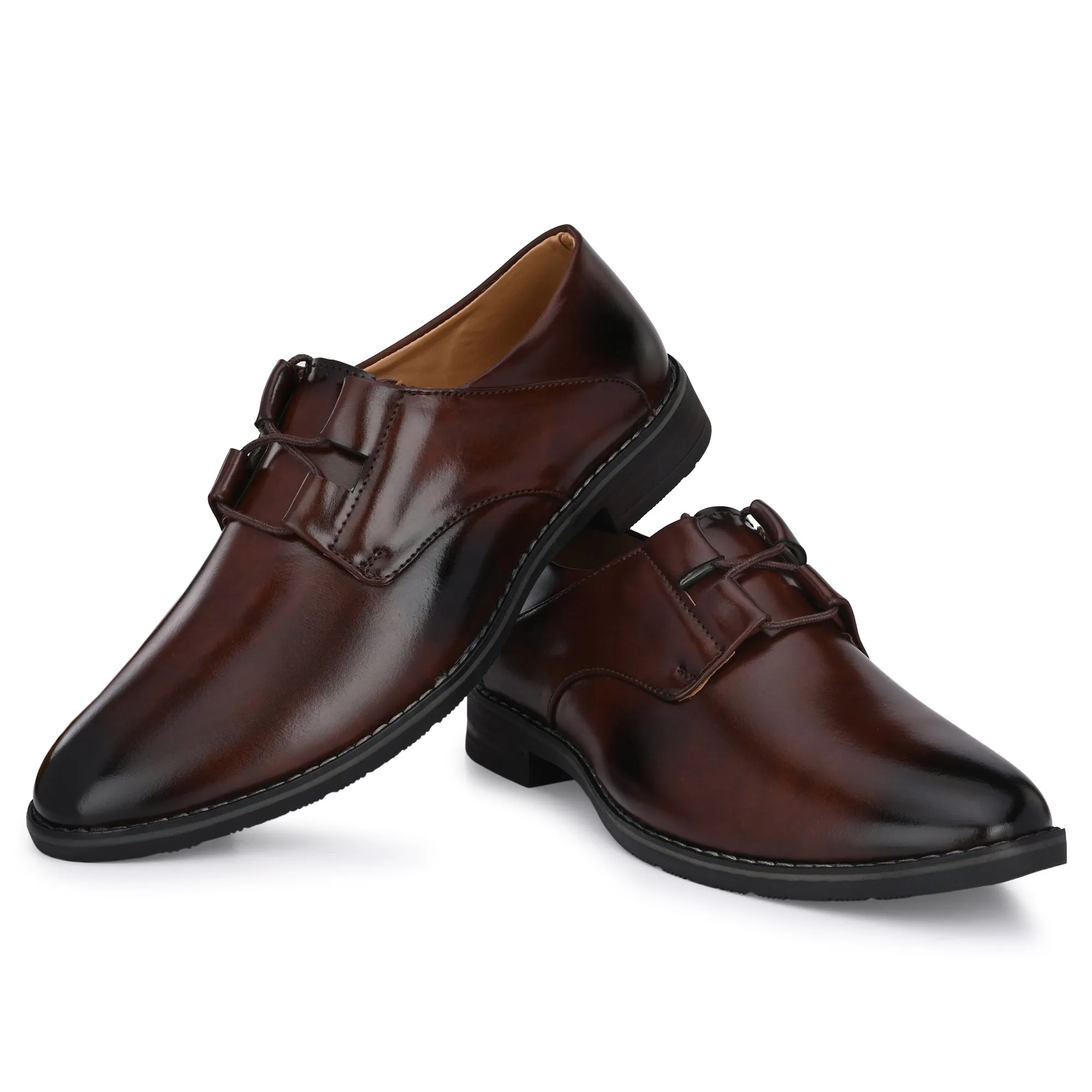 Attitudist Unisex Handcrafted Derby Glossy Brown Lace-up Shoes With Criss Cross Lacing