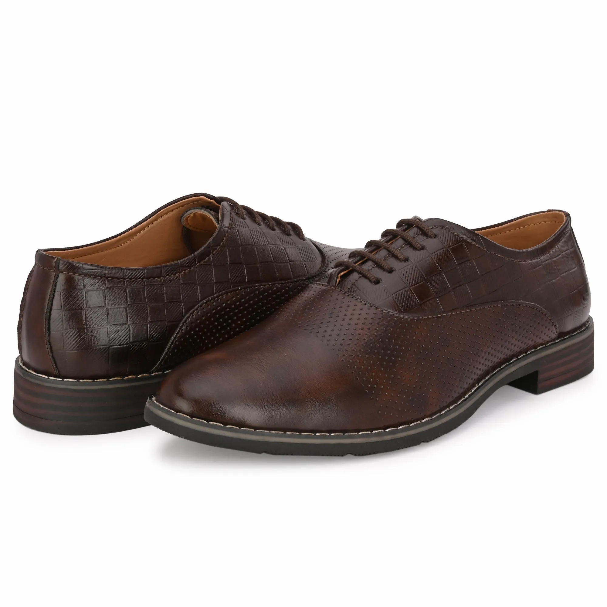 Attitudist Unisex Handcrafted Oxford Brown Formal Laceup Derby Shoes With Textured Upper Material