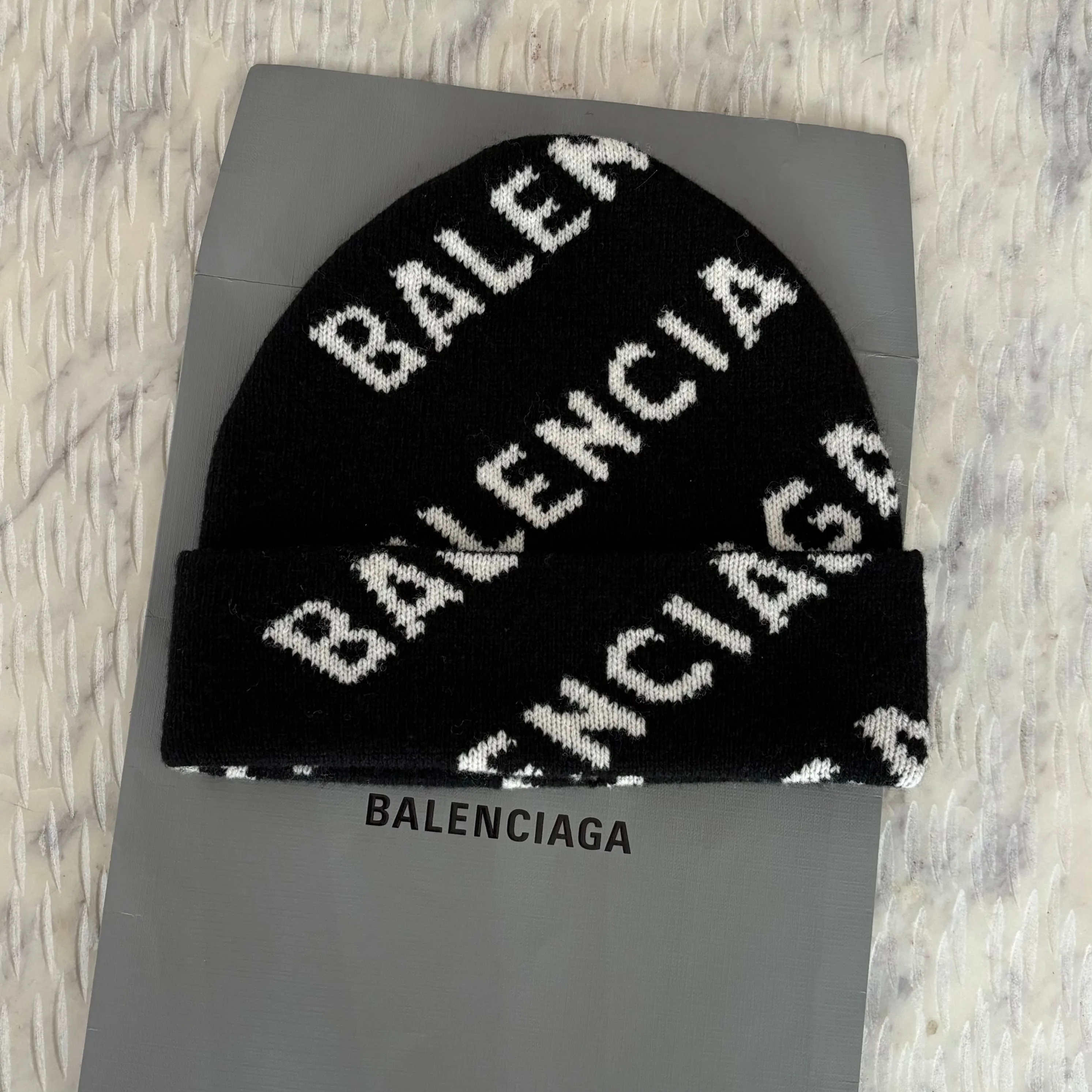 Balenciaga ALLOVER LOGO BEANIE IN BLACK