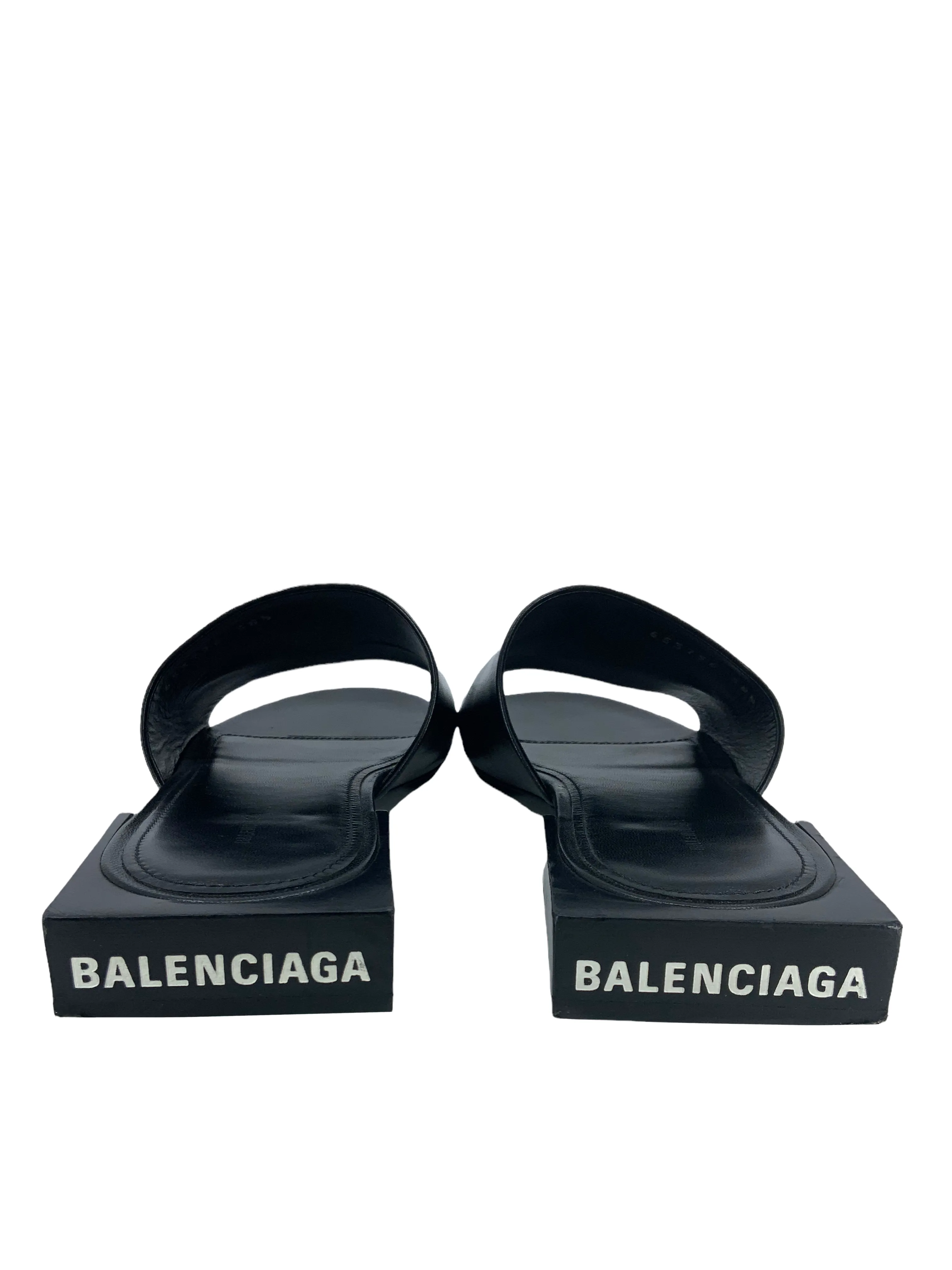 BALENCIAGA Logo Printed Square Heel Box Mules Size 8.5