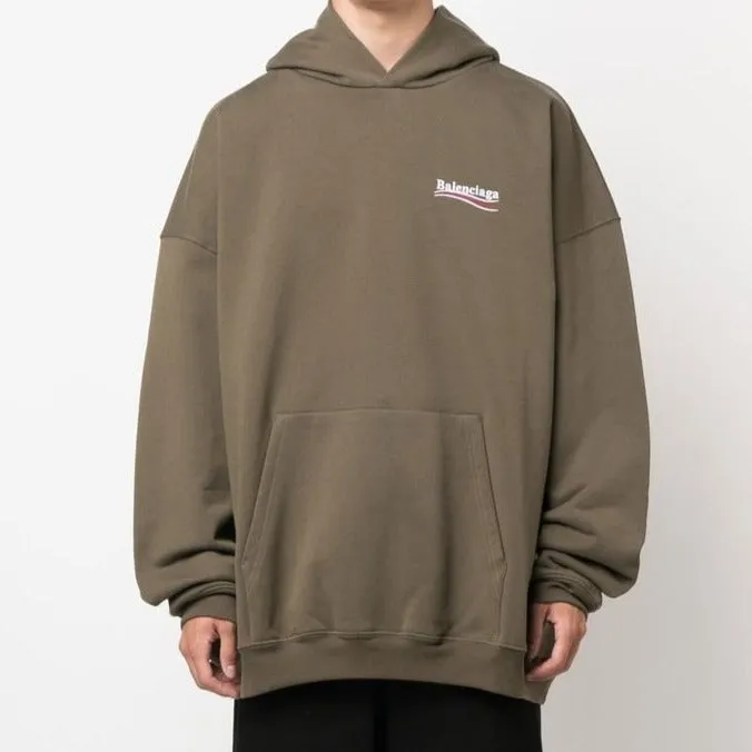 Balenciaga Political Campaign Embroidery Logo Large Fit Hoodie Khaki