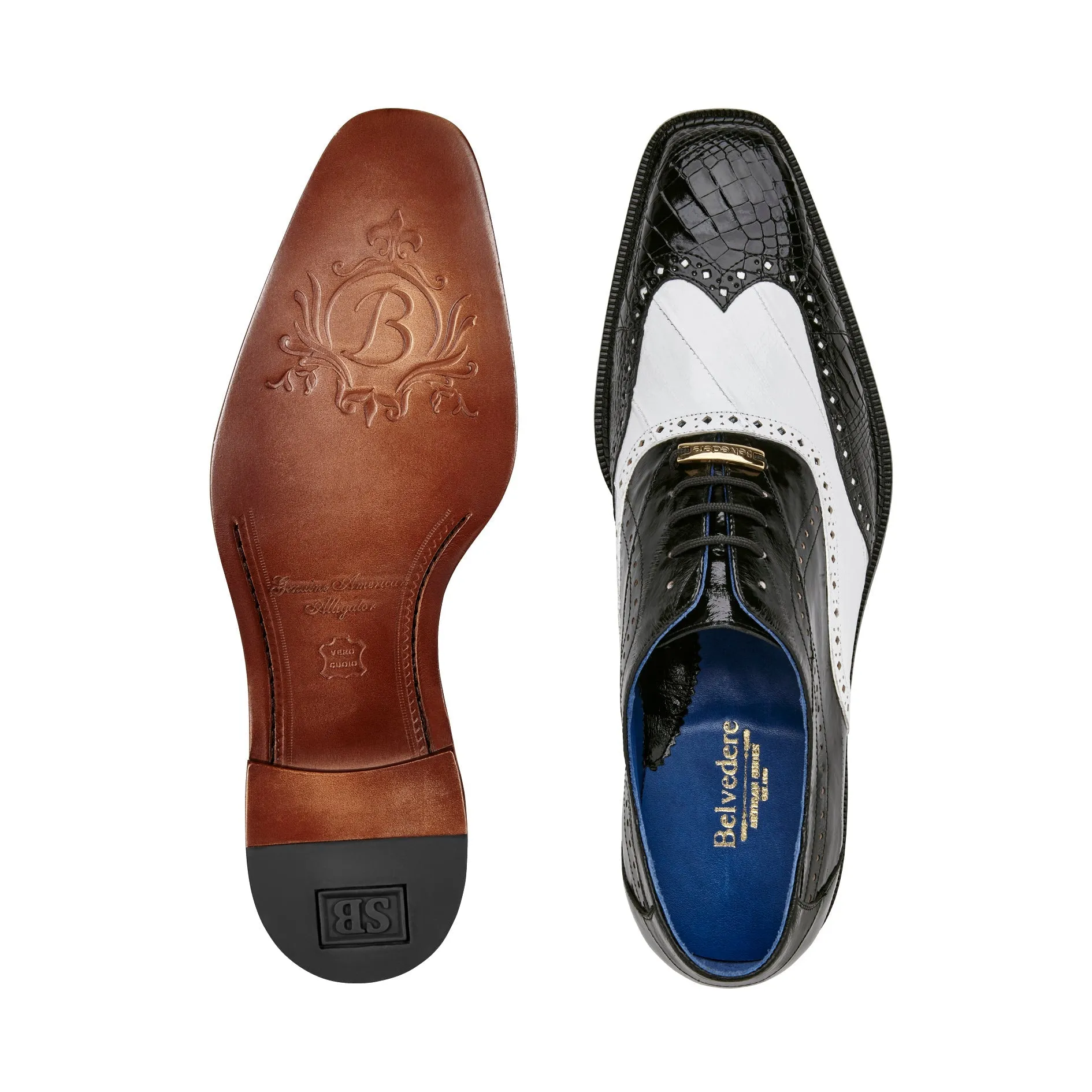 Belvedere - Varo, Genuine American Alligator and Eel Wing Tip Dress Shoe - Black/White - R49