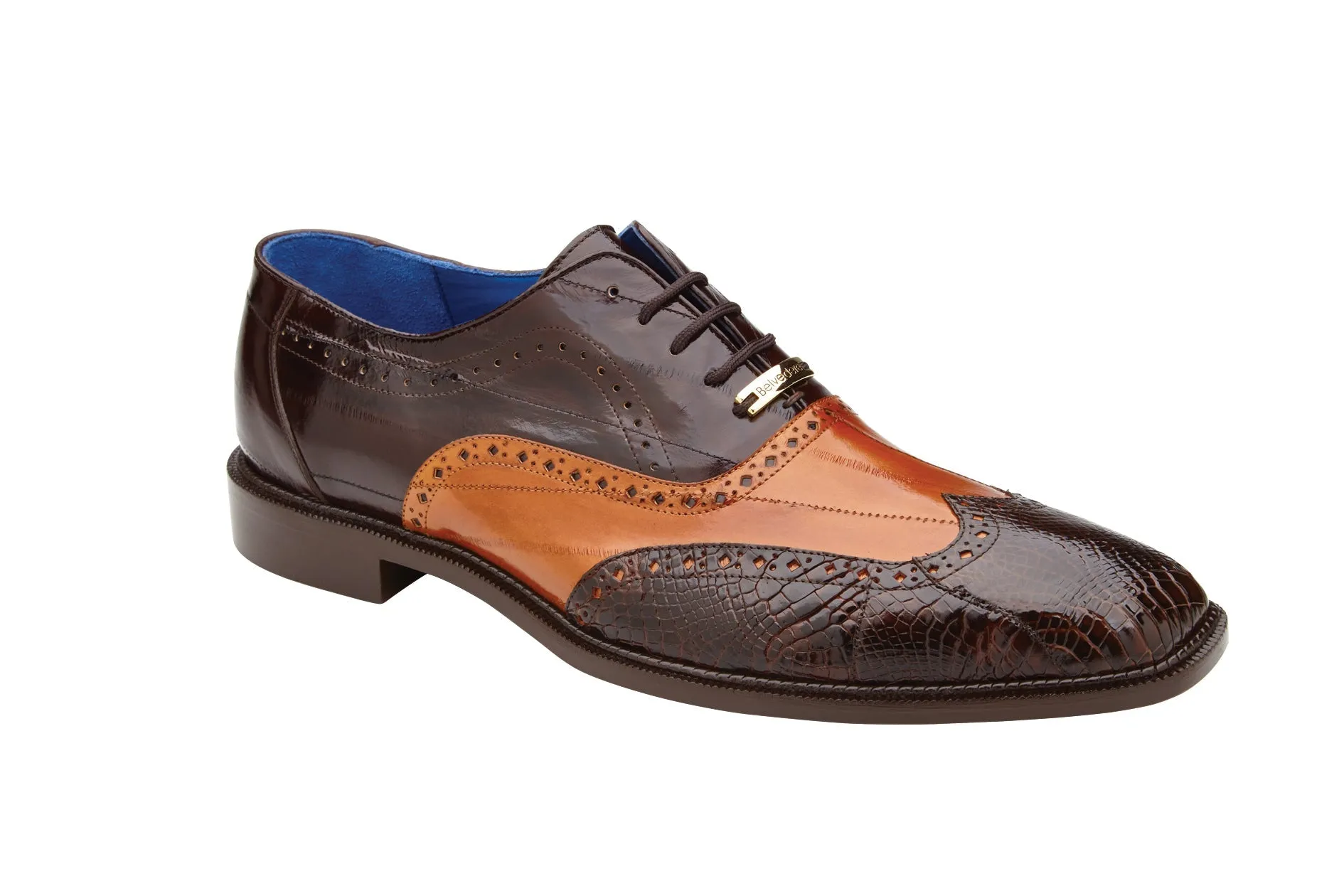 Belvedere - Varo, Genuine American Alligator and Eel Wing Tip Dress Shoe - Chocolate/Antique Tan - R49