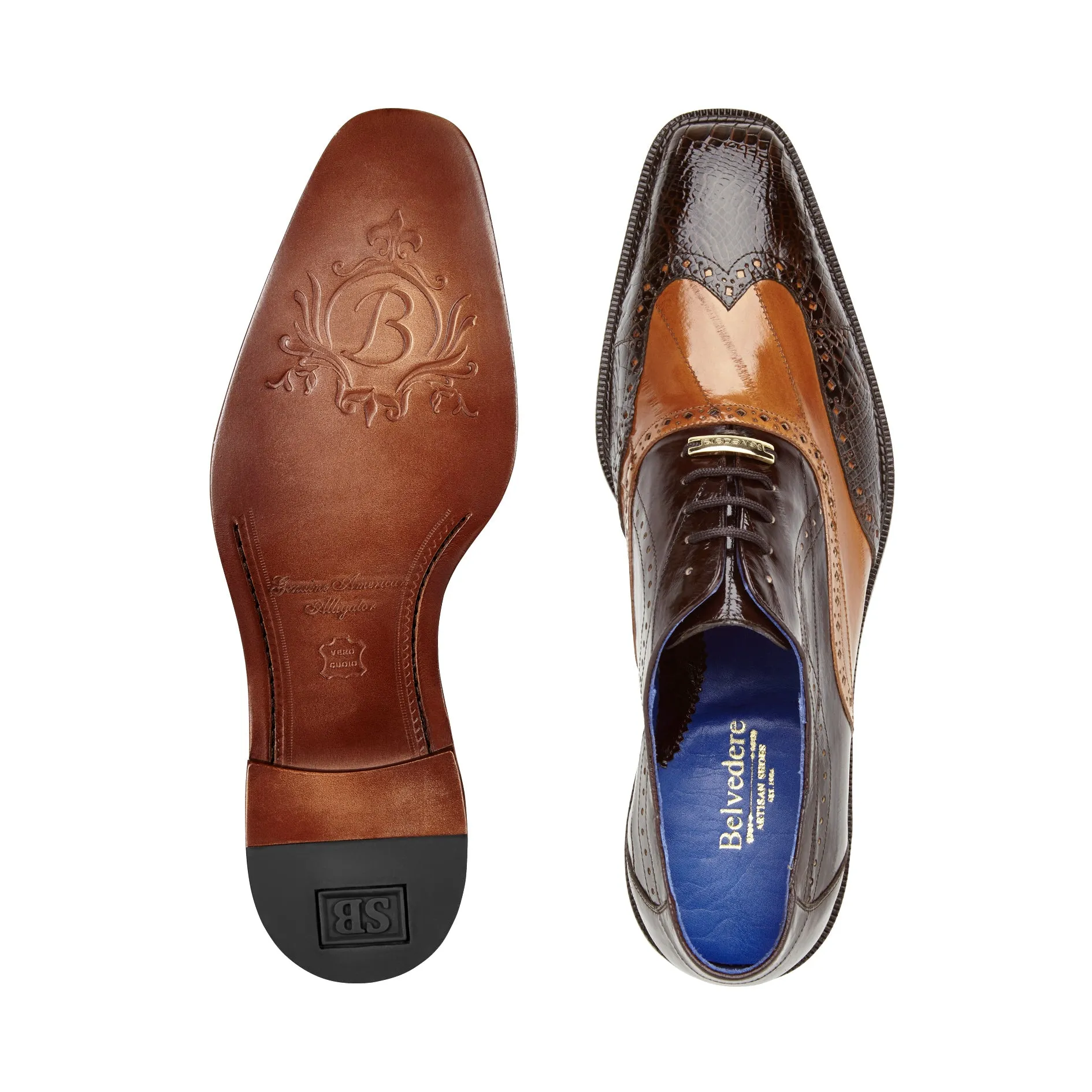 Belvedere - Varo, Genuine American Alligator and Eel Wing Tip Dress Shoe - Chocolate/Antique Tan - R49