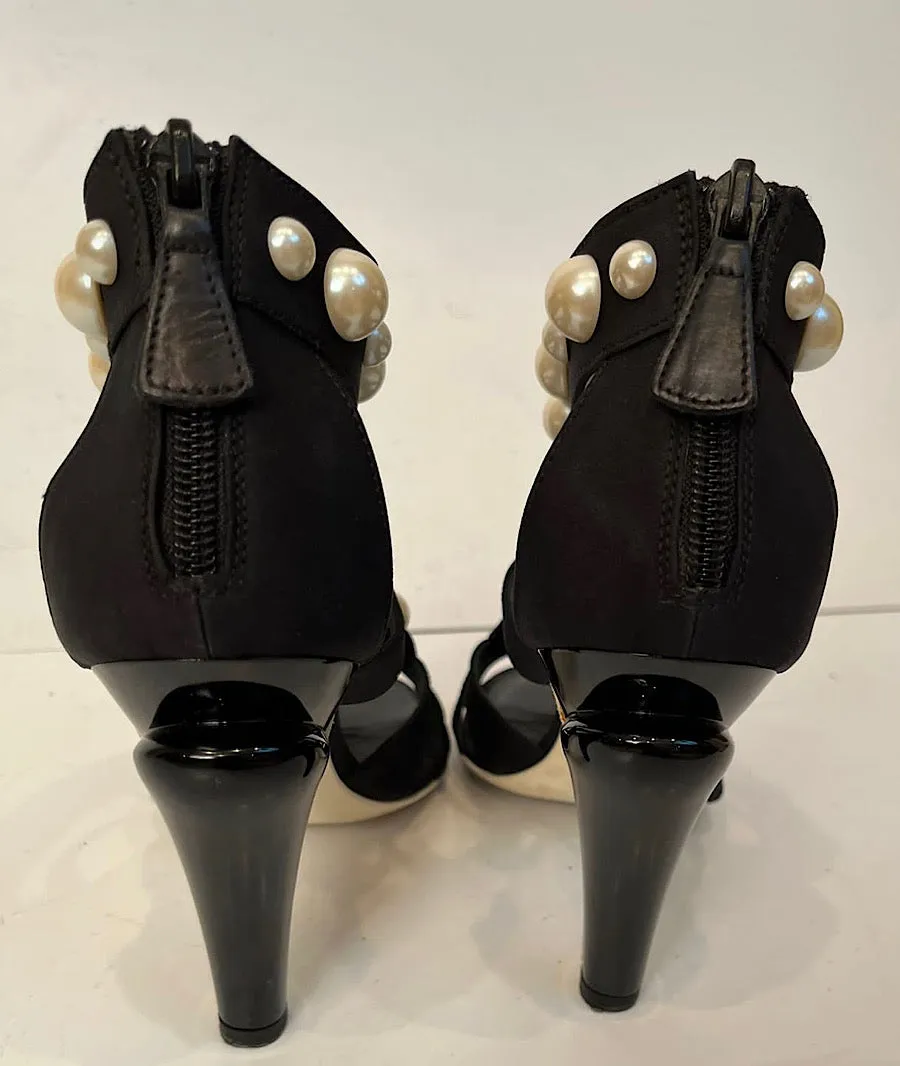 Chanel Black Strap Sandal Heels Pearl Trim EU 37.5 US 6.5/7 Narrow