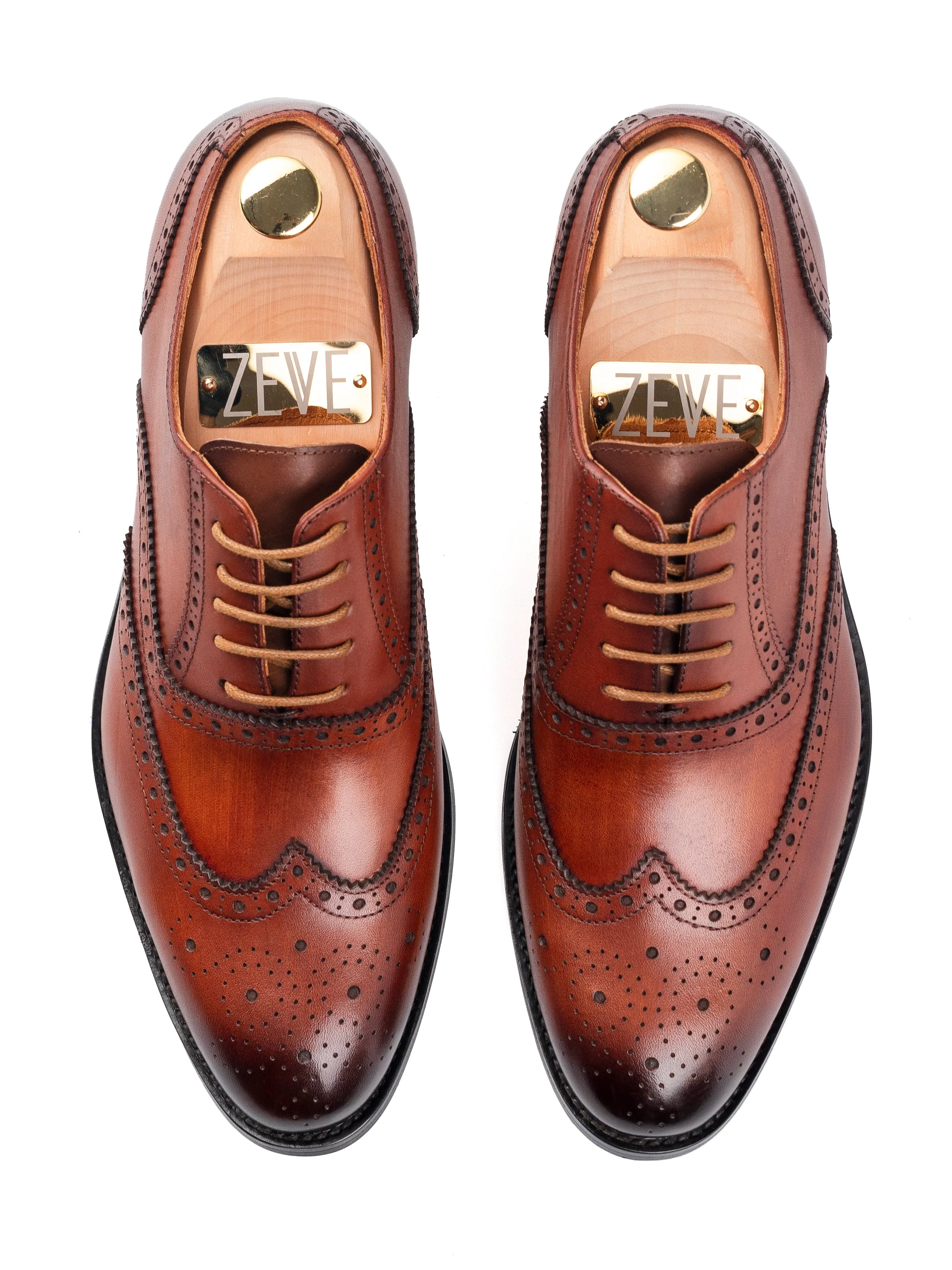 Classic Oxford Brogue Wingtip - Cognac Tan Lace Up (Hand Painted Patina)