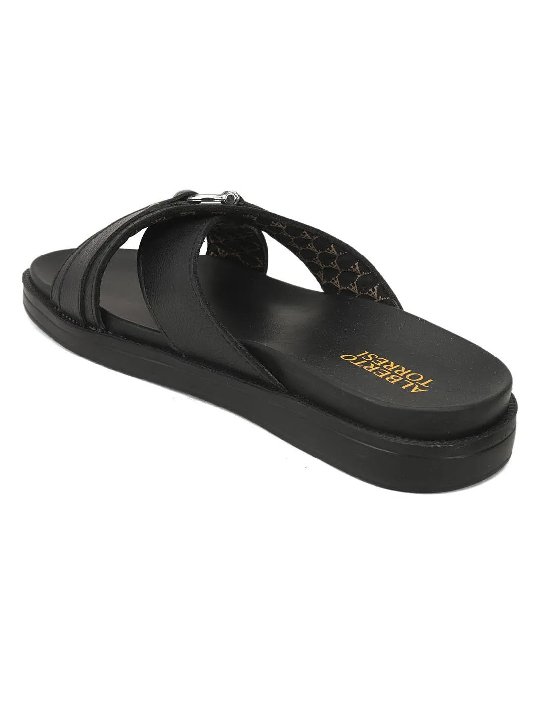 Deriko Black Genuine Leather Criss Cross Flats