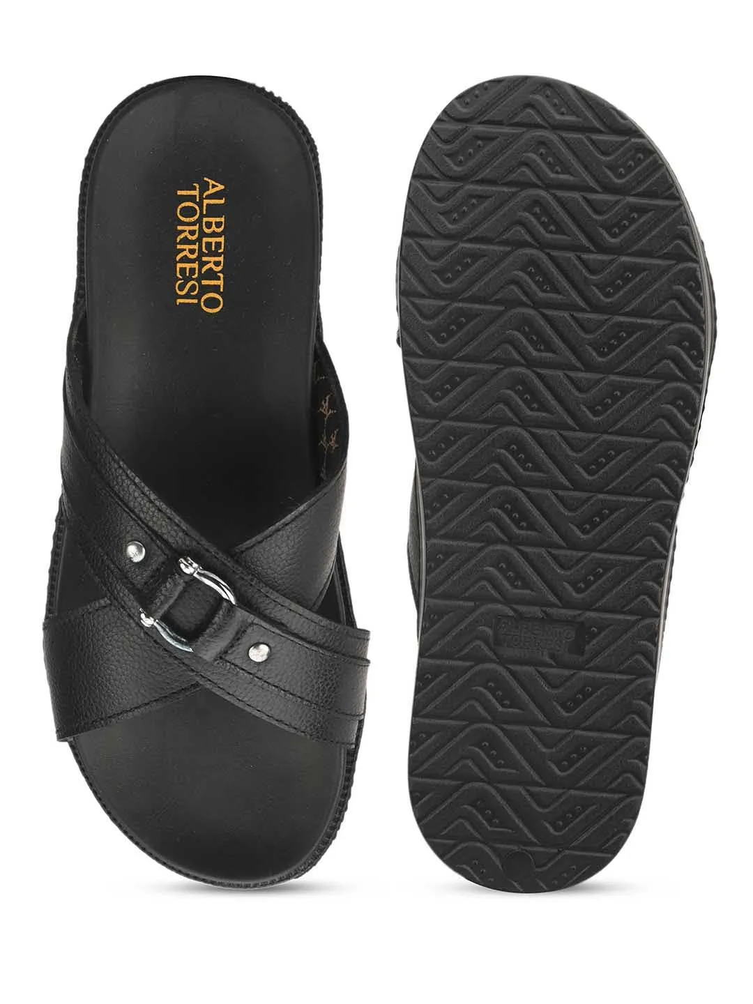 Deriko Black Genuine Leather Criss Cross Flats