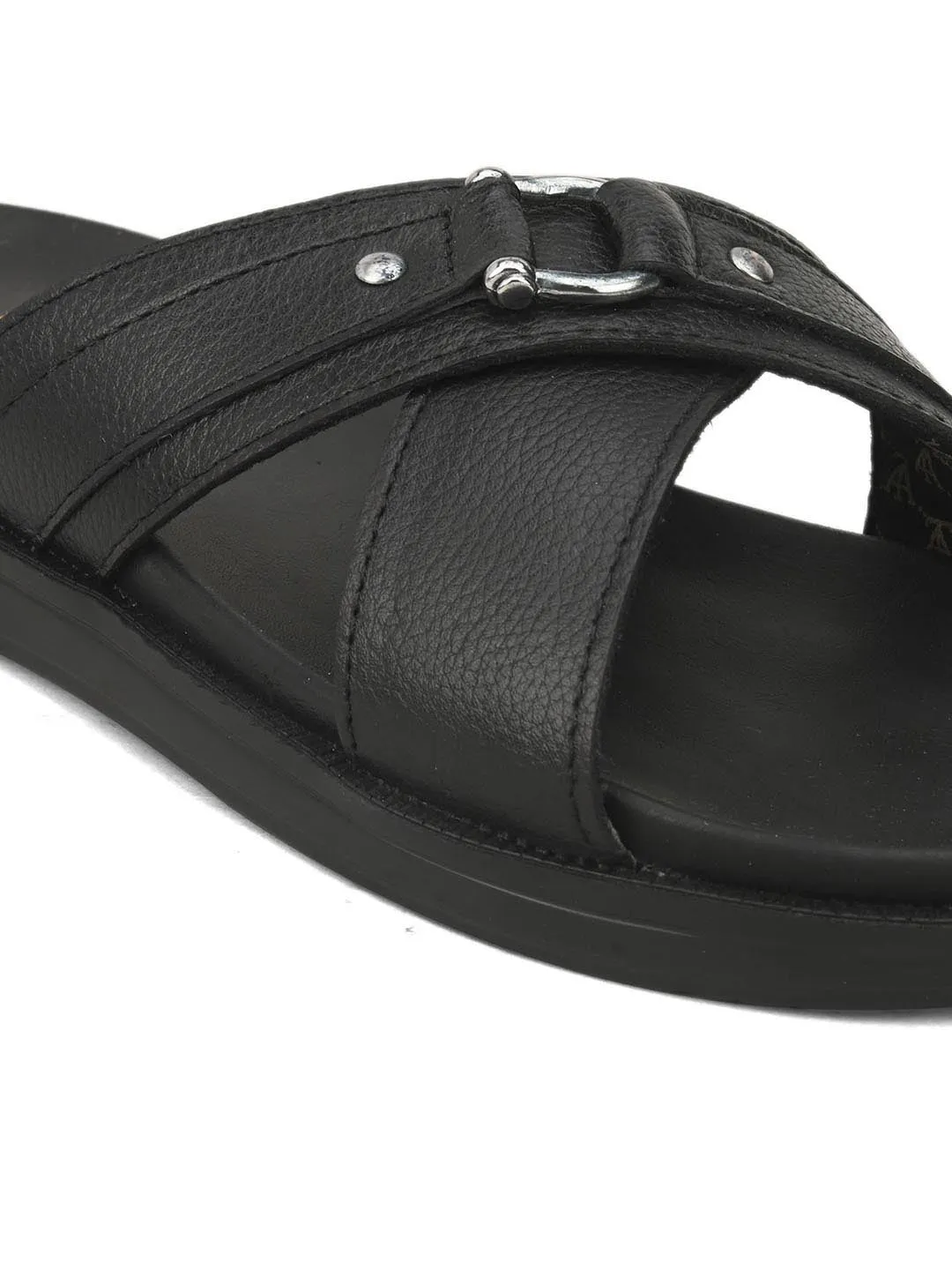 Deriko Black Genuine Leather Criss Cross Flats