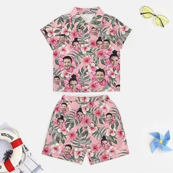 Family Hawaiian Dress Set Cruise Outfit Custom Face Floral Pink Hawaiian Shirt Set&Dress