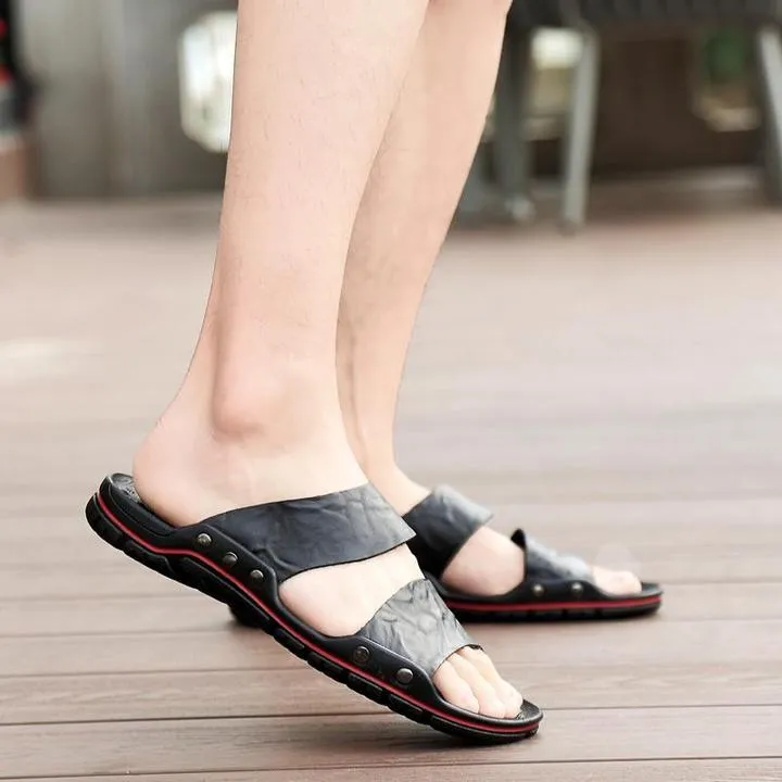 Men's Summer Flip Flops Rubber Slippers Comfortable Leather Sandals Outdoor Beach Slippers