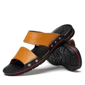 Men's Summer Flip Flops Rubber Slippers Comfortable Leather Sandals Outdoor Beach Slippers