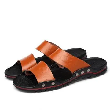 Men's Summer Flip Flops Rubber Slippers Comfortable Leather Sandals Outdoor Beach Slippers