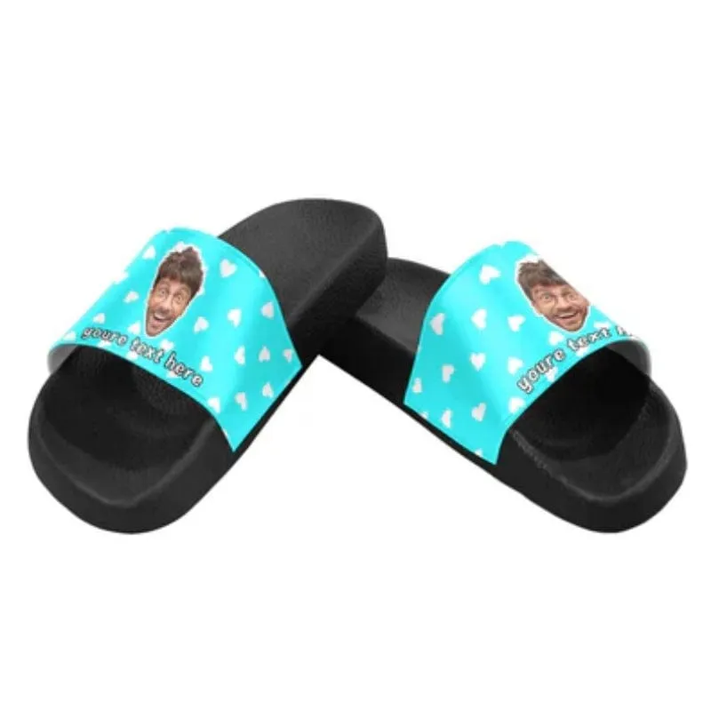 Personalized Blue And Pink Heart Shape Face Sandals Personalized Face Slides