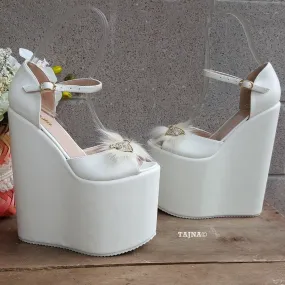 Platform White Butterfly Ribbon Wedding  Wedge Shoes