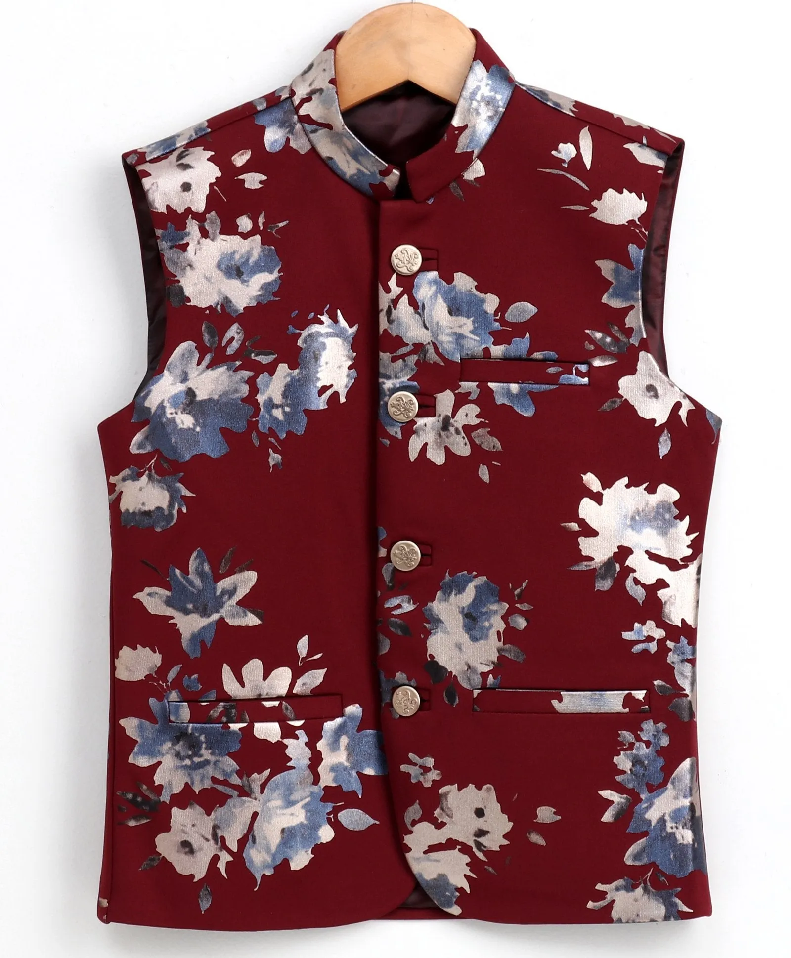 VASTRAMAY Boy's Digital Foil Printed Maroon Nehru Jacket